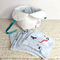 Panière refermable blanche et pingouins + lot de 6 lingettes