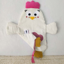 Doudou peluche poule cocotte blanche vieux rose Véronique range pyjama ou cache trésor