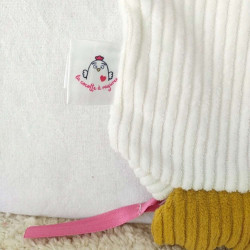 Doudou peluche poule cocotte blanche vieux rose Véronique détail étiquette