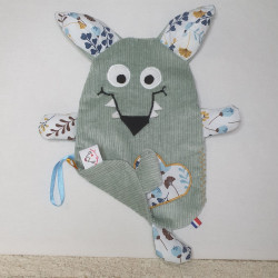 doudou peluche loup velours vert clair Lucien plat