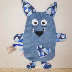 doudou peluche loup velours bleu clair Rodrigue vue de face