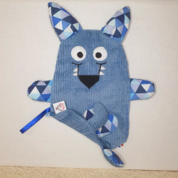 doudou peluche loup velours bleu clair Rodrigue doudou plat
