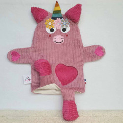 doudou peluche licorne velours vieux rose et fuchsia Ella marionnette