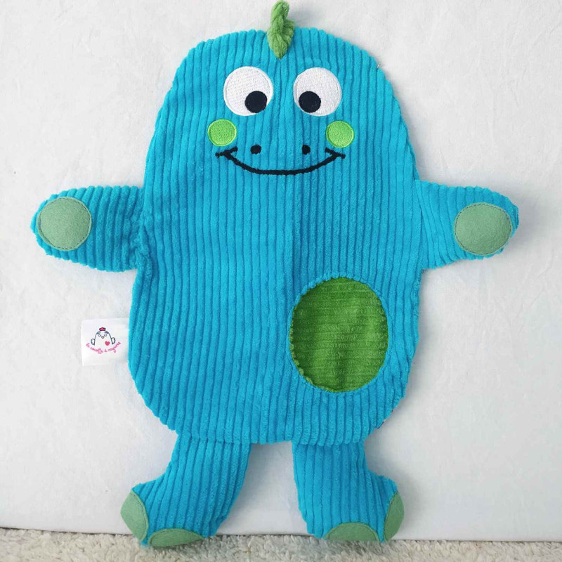 doudou peluche dinosaure dino velours turquoise vert citron Casimir vue de face