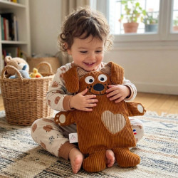 bébé qui joue avec doudou peluche chien chiot velours caramel beige Benjamin