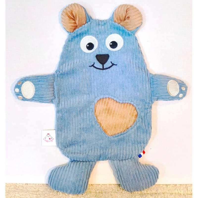 doudou peluche ours ourson velours bleu clair beige Patrice vue de face