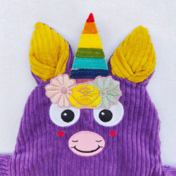 doudou peluche licorne velours violet moutarde Justine détail visage rigolo
