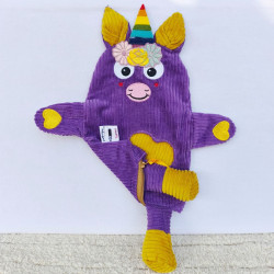 doudou peluche licorne velours violet moutarde Justine cache trésor ou range pyjama