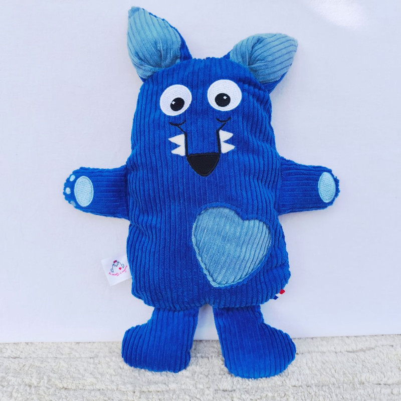 doudou peluche loup velours bleu cobalt et bleu clair Herbert vue de face