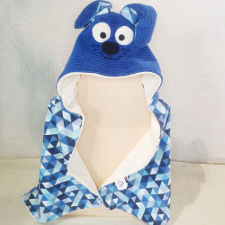 cape carré bain chien chiot velours bleu cobalt imprimé triangles bleus éponge bambou vue de face