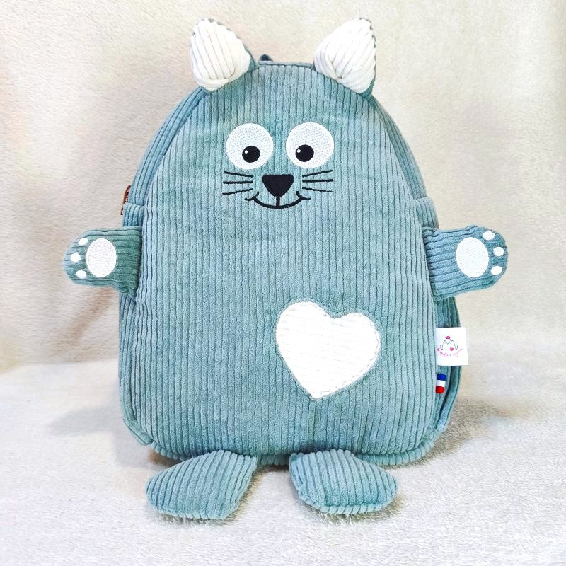 cartable sac à dos maternelle chat chaton velours vert clair face
