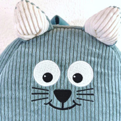 cartable sac à dos maternelle chat chaton velours vert clair détail visage rigolo