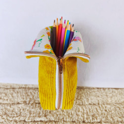 trousse pot à crayons velours moutarde imprimé grenouilles