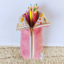 trousse pot à crayons velours vieux rose imprimé renard
