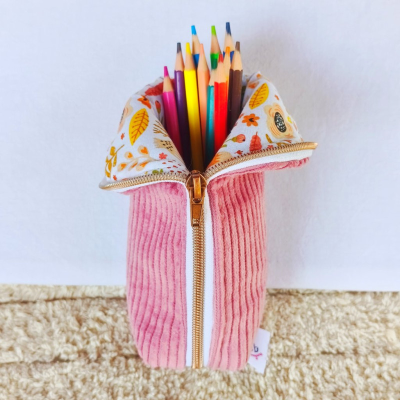 trousse pot à crayons velours vieux rose imprimé renard