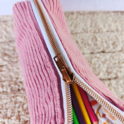 trousse pot à crayons velours vieux rose imprimé renard détail curseur et fermeture éclair