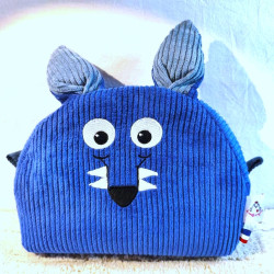Trousse de toilette sympathique loup en velours bleu cobalt et bleu clair.