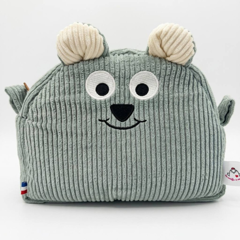 Trousse de toilette ourson gentil velours vert clair et blanc