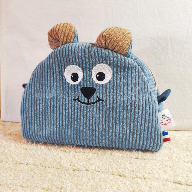 Trousse de toilette ourson molletonnée en velours bleu clair et beige
