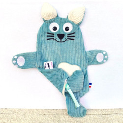 doudou peluche chat chaton velours vert clair Vivien cache trésors range pyjama