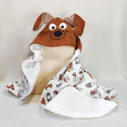 cape carré bain chien chiot velours caramel imprimé chiens éponge bambou vue de face