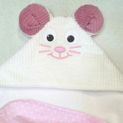 cape carré de bain souris velours blanc imprimé pois blancs sur fond rose éponge bambou détail visage