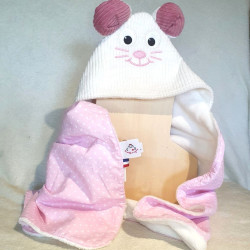 cape carré bain souris velours blanc imprimé pois blanc sur fond rose éponge bambou