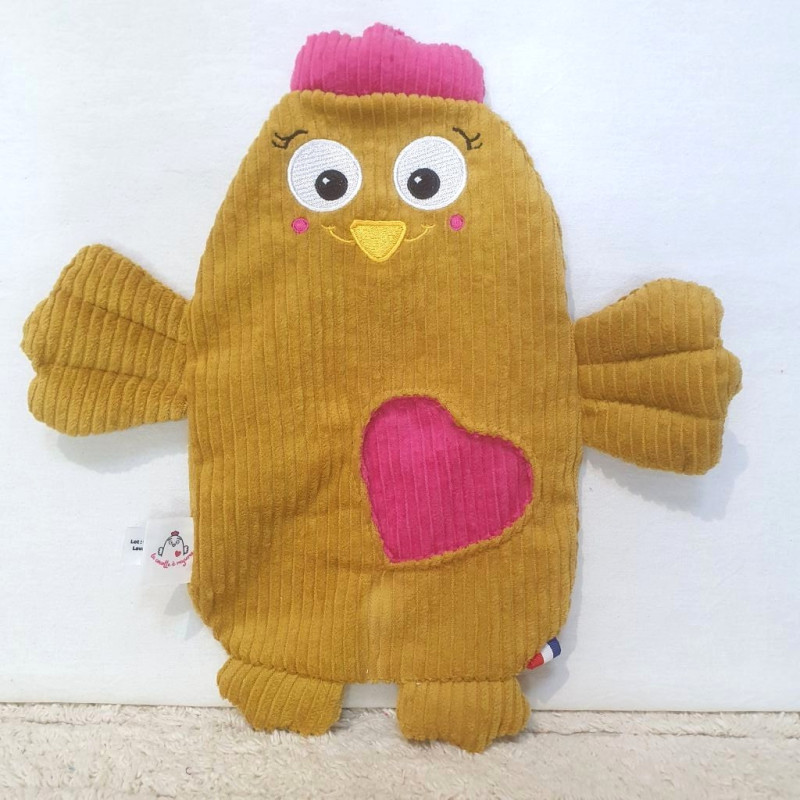 Doudou peluche poule cocotte moutarde fuchsia Carmen vue de face