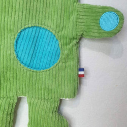 doudou dinosaure Gontran velours côtelé vert citron et turquoise détail application ronde personnalisable broderie prénom