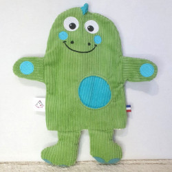 doudou dinosaure Gontran velours côtelé vert citron et turquoise vue de face