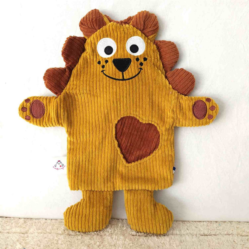 doudou Lion Alexis velours côtelé moutarde et caramel vue de face
