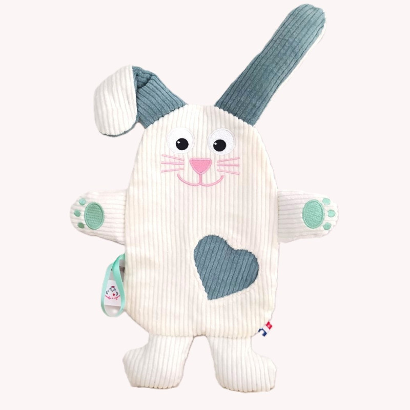 doudou Lapin câlin velours côtelé blanc cassé et vert clair vue de face
