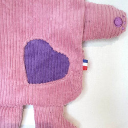doudou souris Rosalie velours côtelé vieux rose et violet application coeur