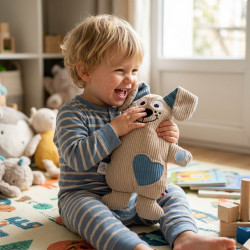 enfant jouant avec doudou chien Tobie