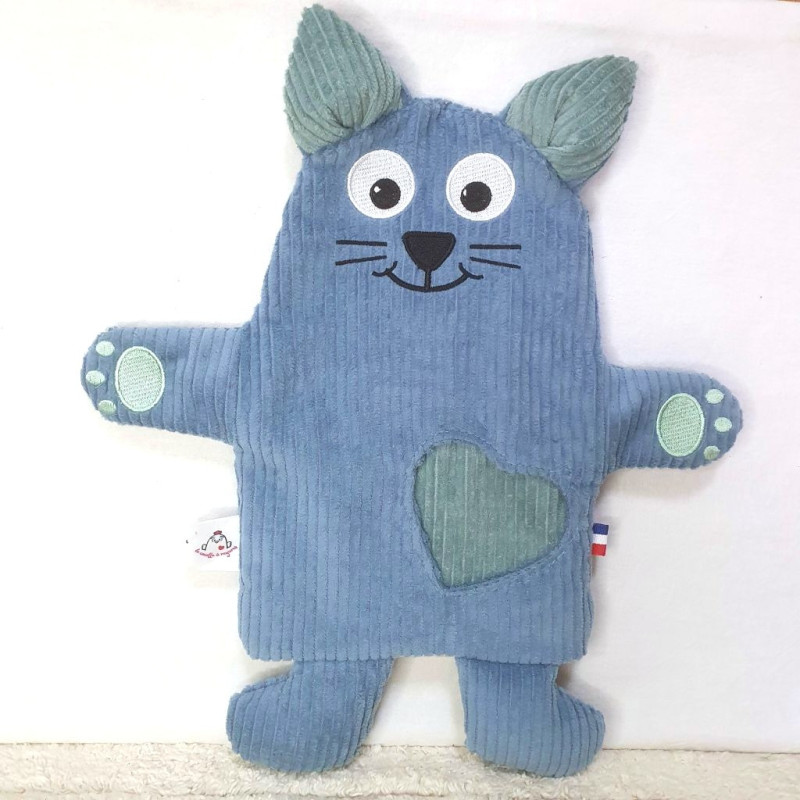 doudou peluche chat chaton velours bleu clair beige Greg vue de face