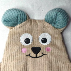 doudou ourson Barnabé velours côtelé beige et bleu clair détail visage