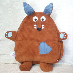 cartable sac à dos loup velours caramel et bleu clair vue de face