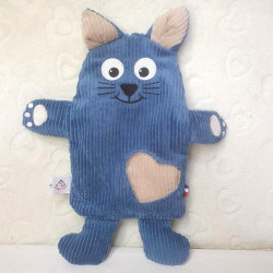 doudou peluche chat chaton velours bleu indigo et velours beige Aristide vue de face