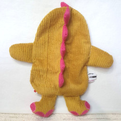 doudou peluche dinosaure dino velours moutarde et fuchsia vue de dos