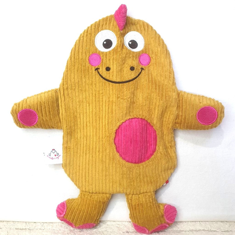 doudou peluche dinosaure dino velours moutarde fuchsia Albertine vue de face