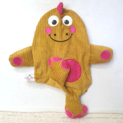 doudou peluche dinosaure dino velours moutarde et fuchsia Albertine plat