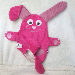 doudou lapin Fleur velours côtelé fuchsia et vieux rose marionnette