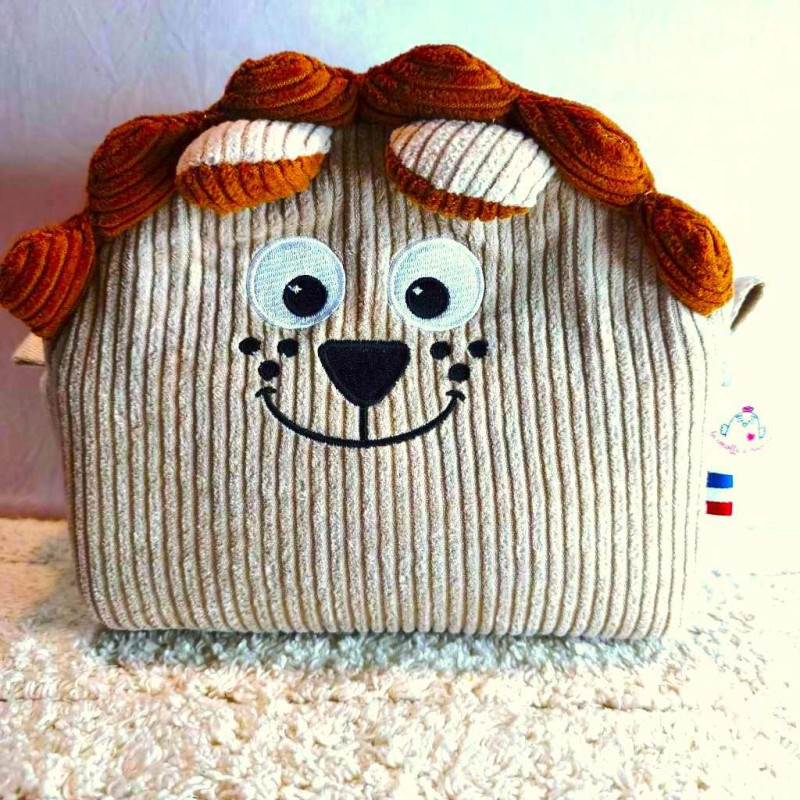trousse de toilette lion matelassée velours beige et caramel