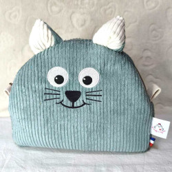Trousse de toilette chaton molletonnée en velours vert clair et blanc