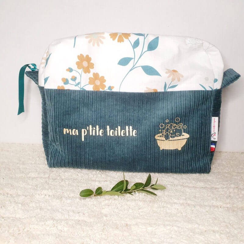 Trousse de toilette vert forêt et fleurs des champs